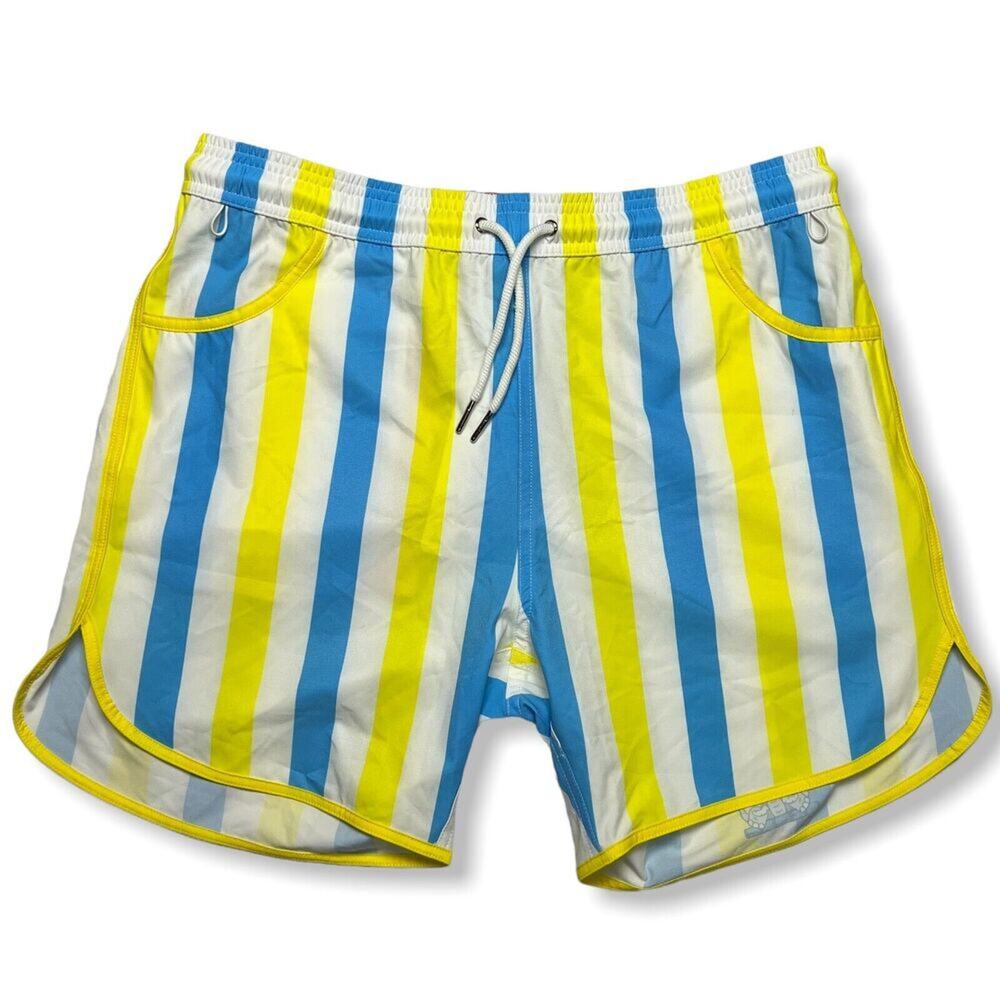 Junk In Your Trunks Swim Shorts MENS M Yellow Blue Stripe Pockets Recycled NWT